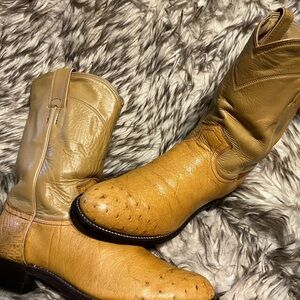 Justin Boots Tan and Brown Ostrich & Leather Western Boots Carmel Honey Sz 8 D